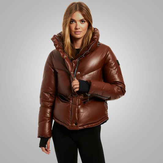 Women Brown Sheepskin Bubble V-Bomber Leather Jacket