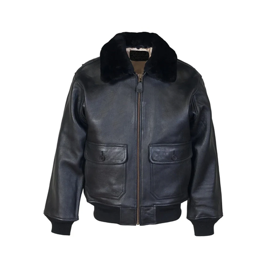 Black Men Sheepskin G-1 Leather Leather Bomber Flight Jacket