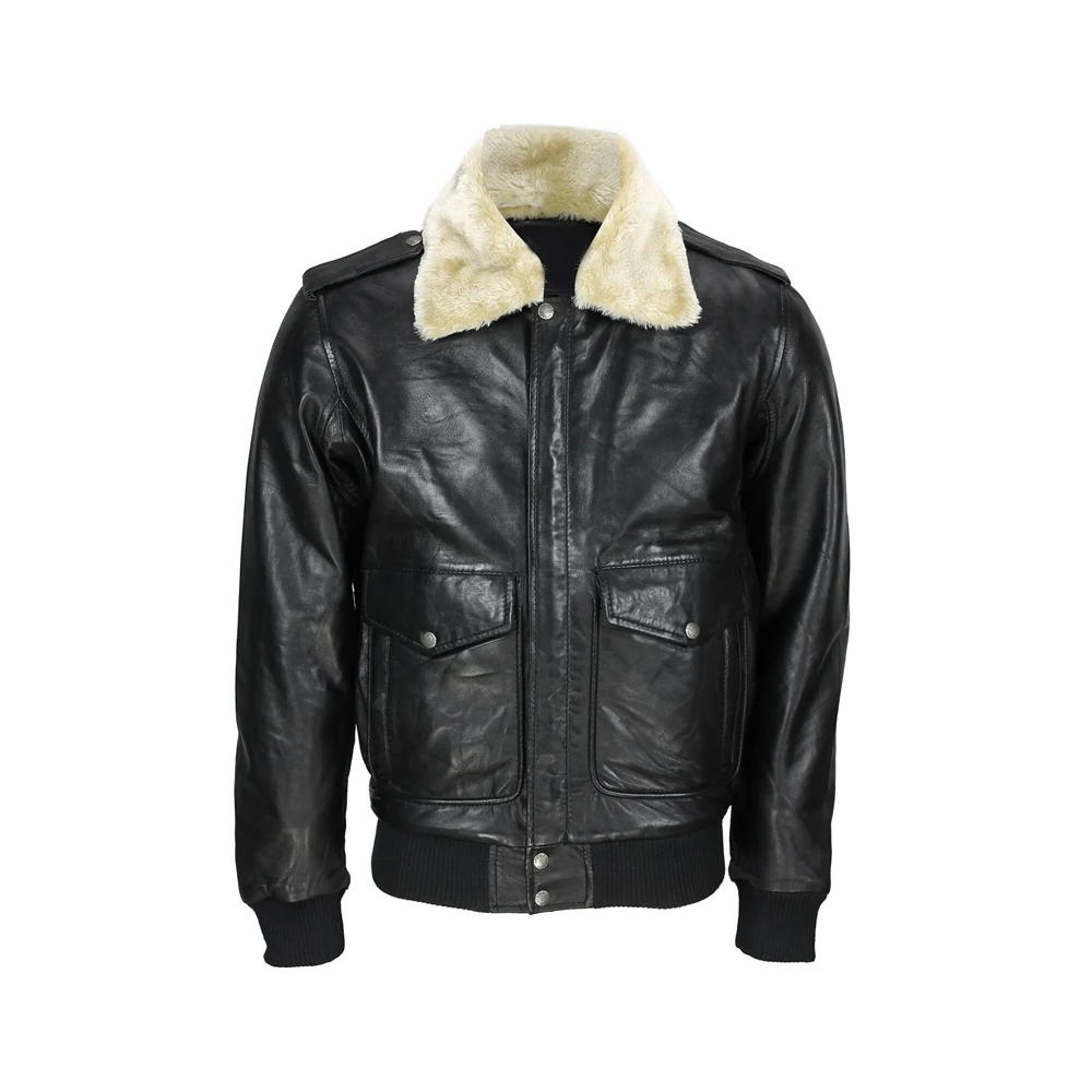 Black Men US Air Pilot Removable Fur Collar Flight Bomber Jacket