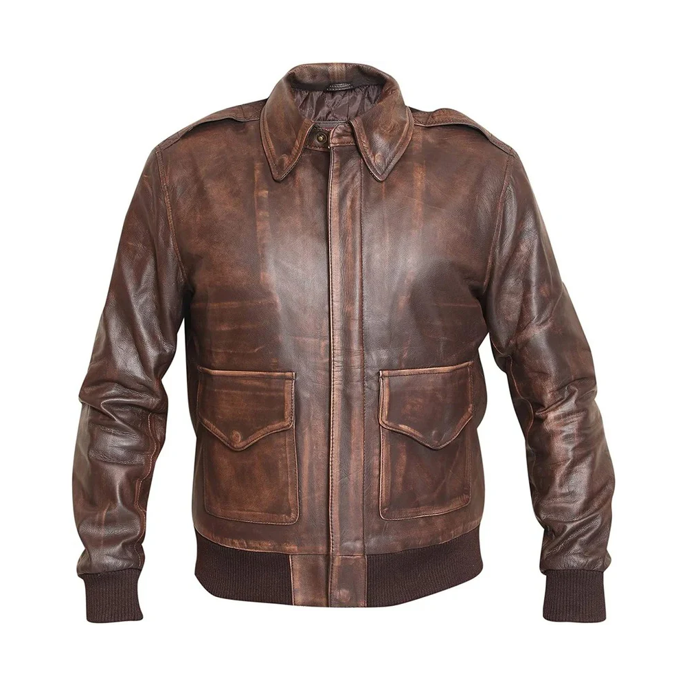 New Mens Brown Distressed Aviator A2 Bomber Flight Leather Jacket