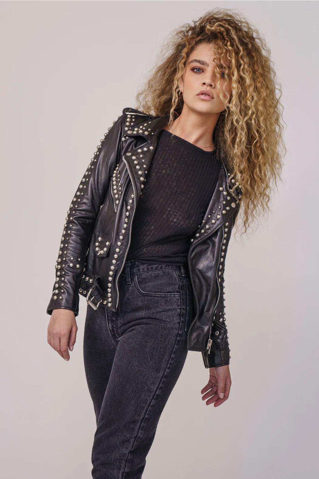 New Black Studded Leather Style Silver Biker jacket For Women - bombersflight