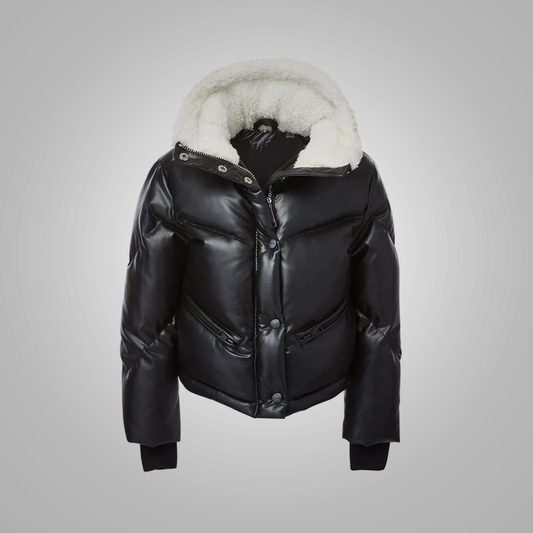 New Puffer Bubble Fur Collar Sheepskin V-Bomber Leather Jacket For Women