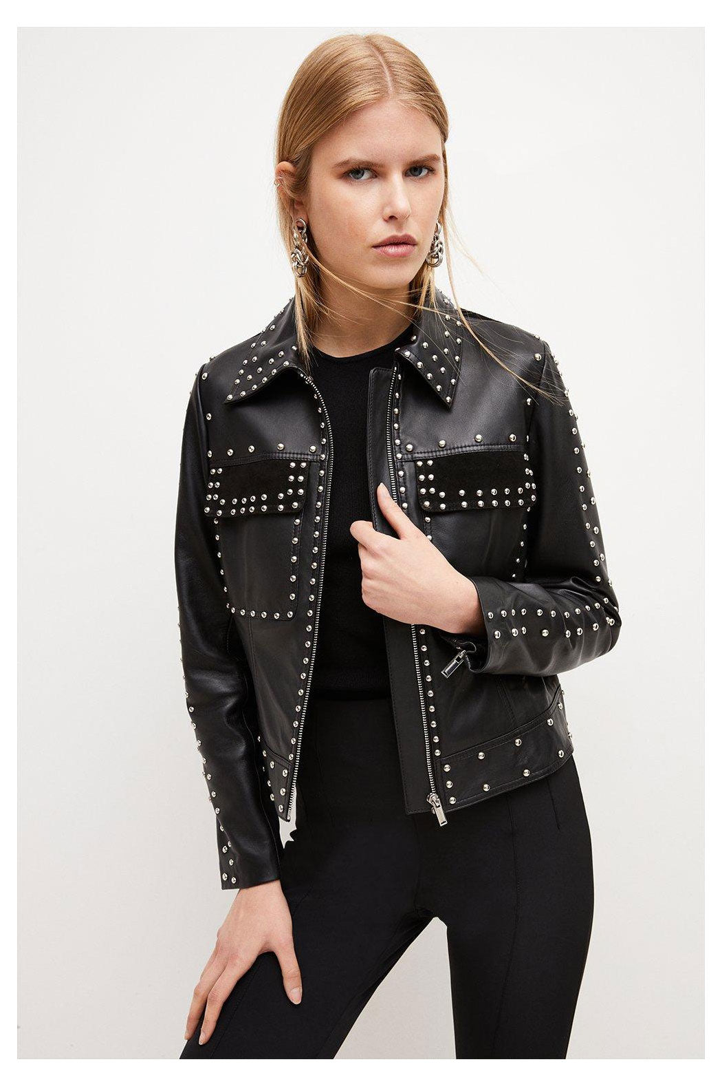 New Black Silver Spiked Studded style Leather Biker Jacket For Women - bombersflight