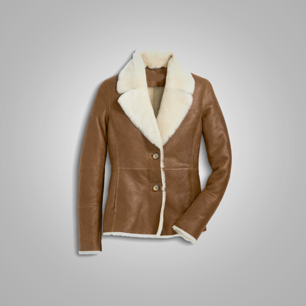 Camel Brown  Sheepskin Pilot Leather Aviator Jacket For Women - bombersflight