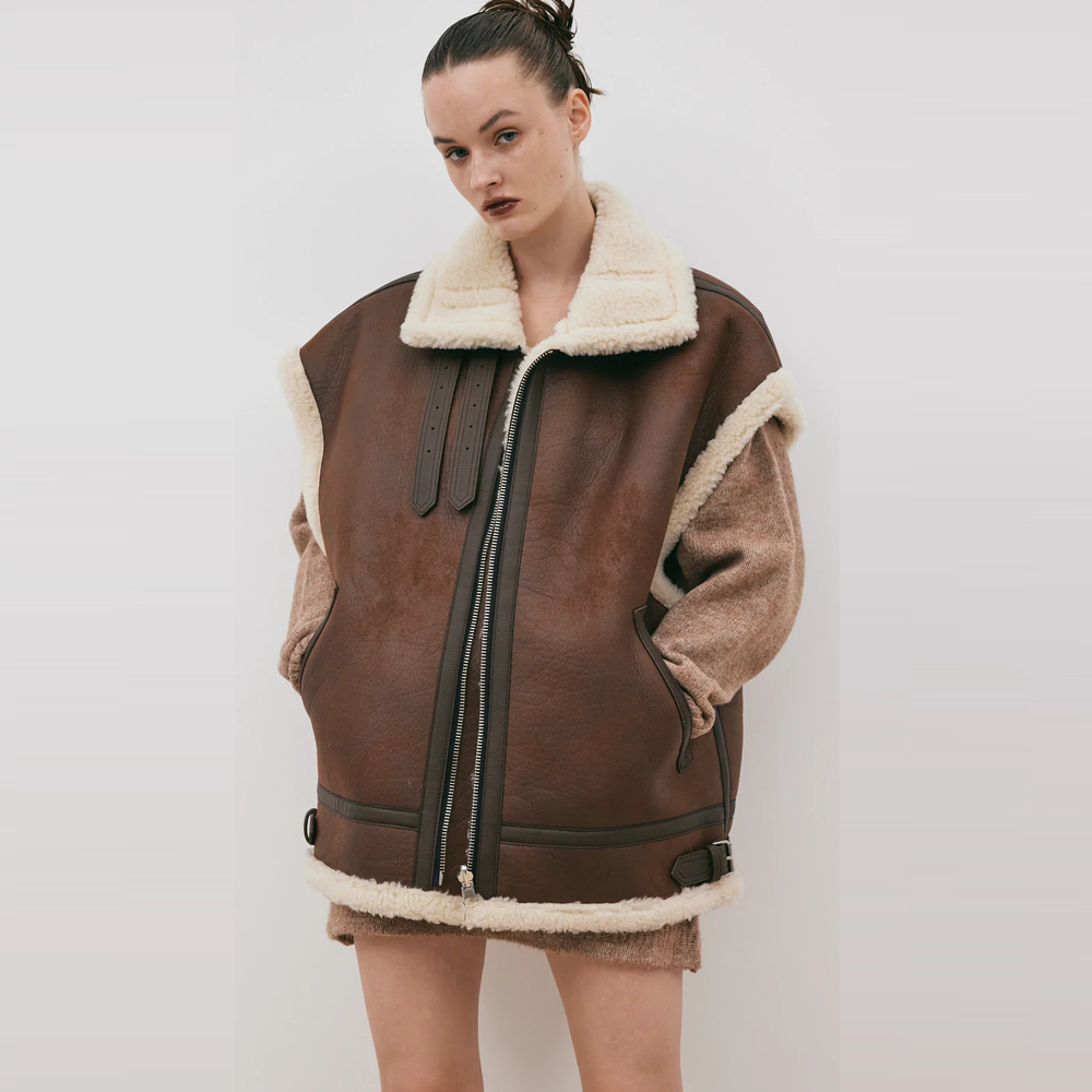 New Women Chocolate Brown Aviator Shearling Leather Vest - bombersflight