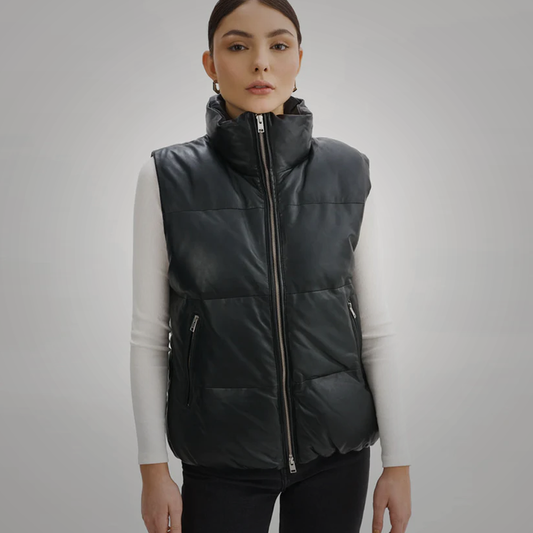 Black Women Sheepskin Bubble Puffer Leather V-Bomber Vest