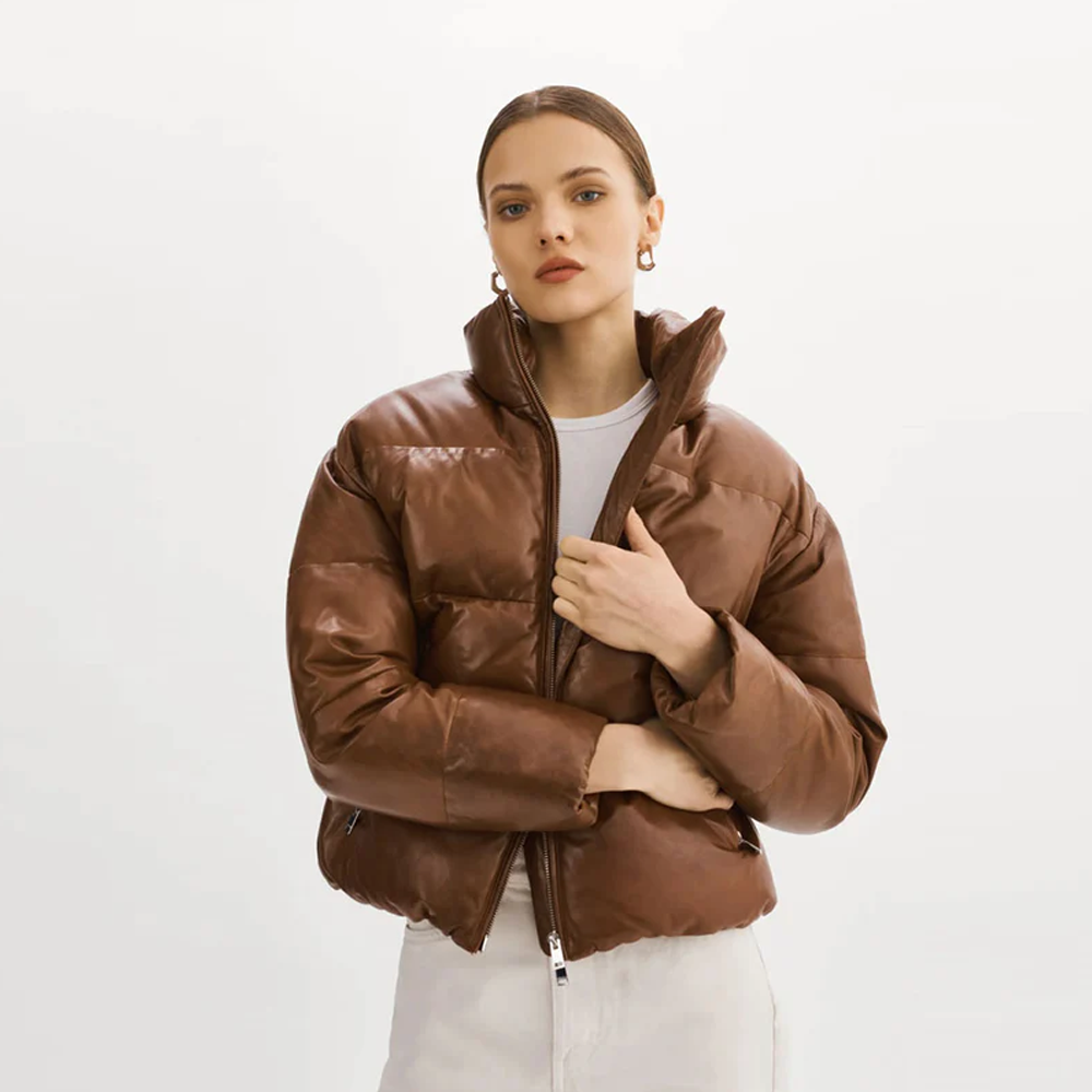 New Sheepskin Brown Women Bubble Leather V-Bomber Puffer Jacket