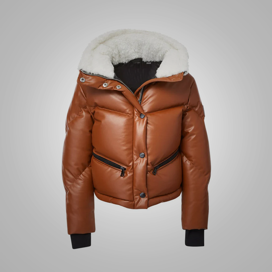 New Brown Women Puffer Bubble Fur Collar Lambskin V-Bomber Leather Jacket