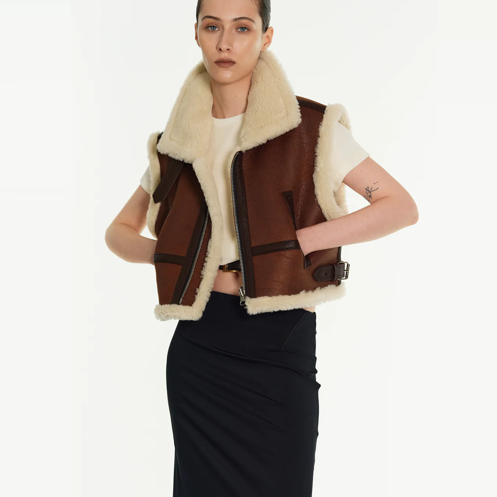 New Shearling Sheepskin Brown Aviator Leather Vest For Women - bombersflight