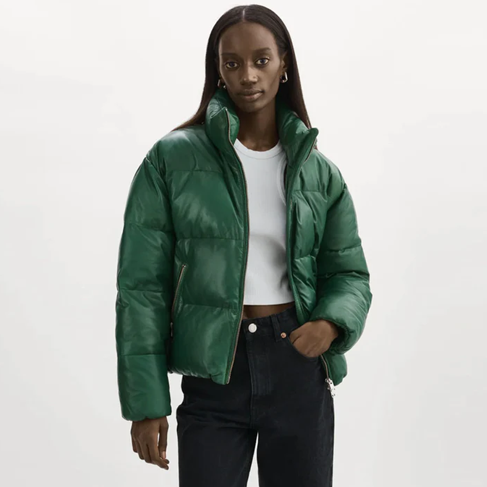 New Lambskin Green Women Bubble Puffer V-Bomber Leather Jacket