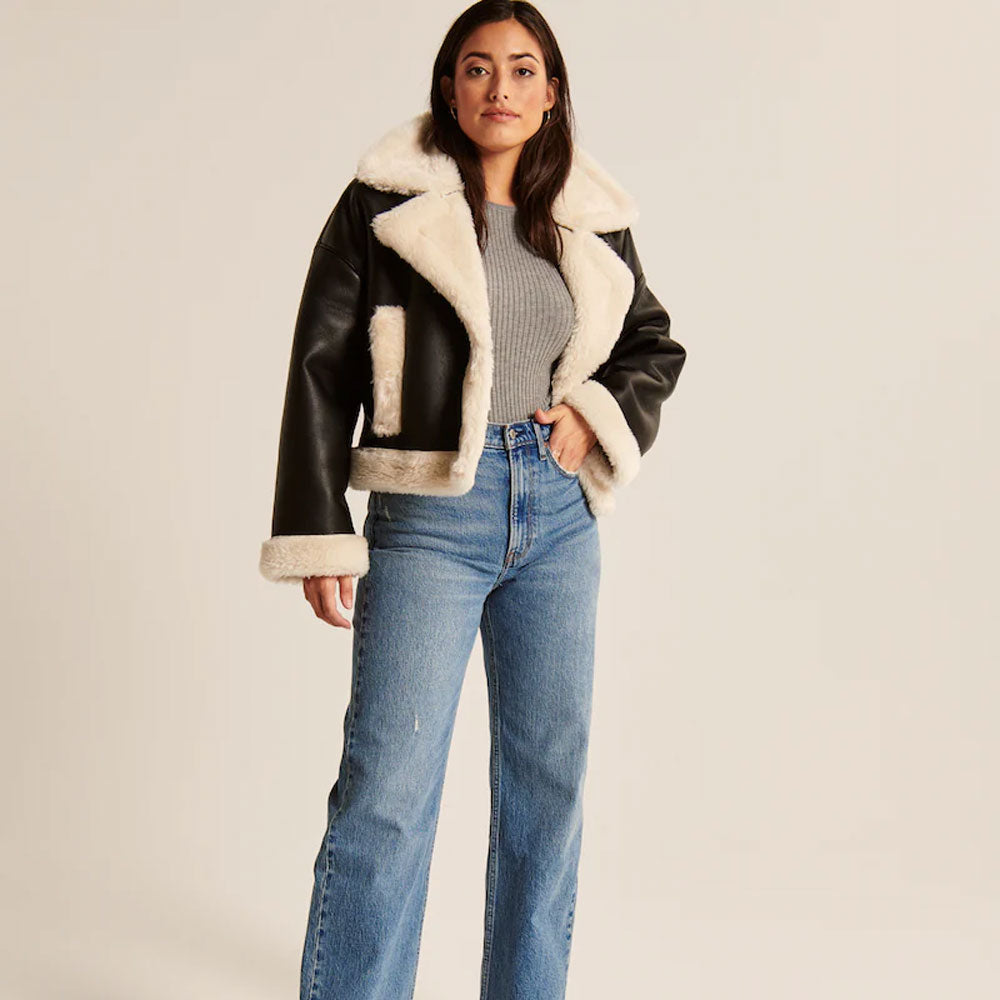 New Women Sheepskin Shearling Aviator Riding Leather Jacket - bombersflight