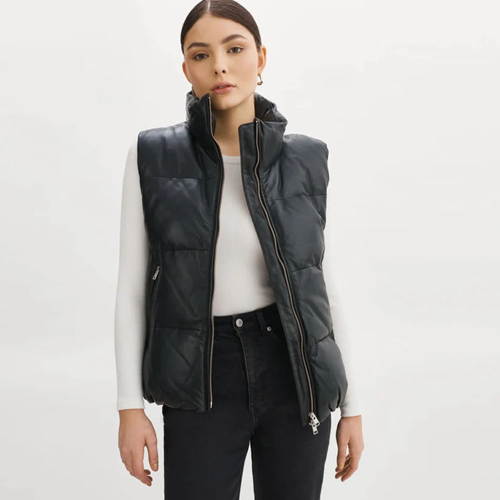 Black Women Sheepskin Bubble Puffer Leather V-Bomber Vest