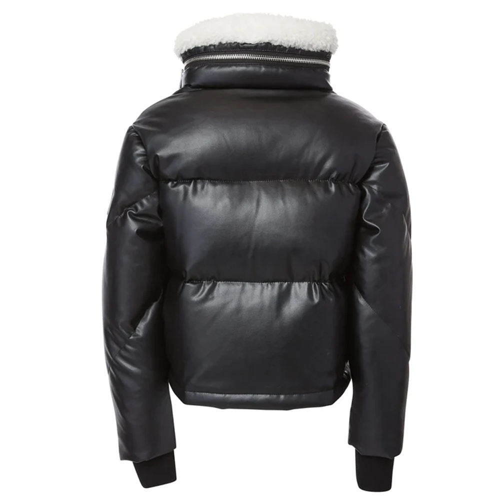 New Puffer Bubble Fur Collar Sheepskin V-Bomber Leather Jacket For Women