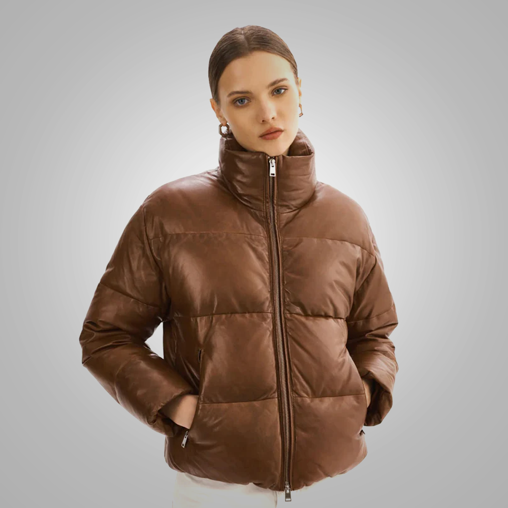 New Sheepskin Brown Women Bubble Leather V-Bomber Puffer Jacket