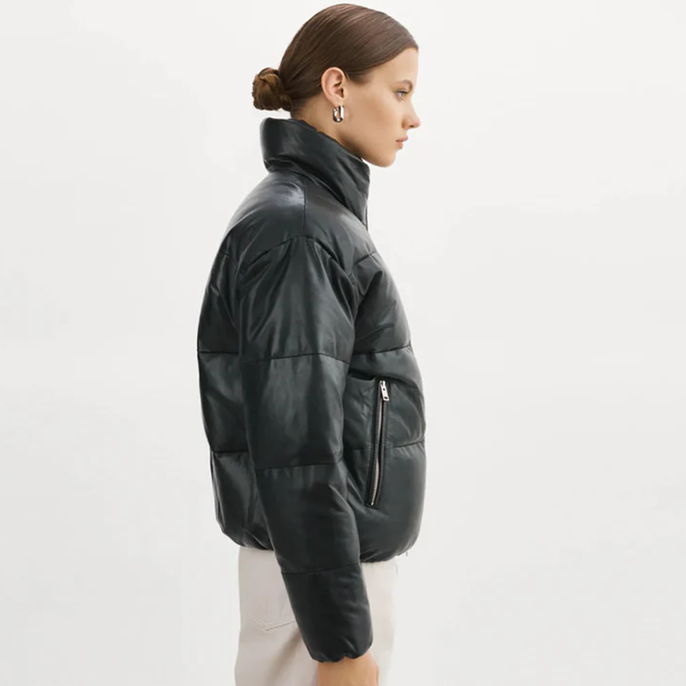 New Black Women Bubble Sheepskin Puffer V-Bomber Leather Jacket