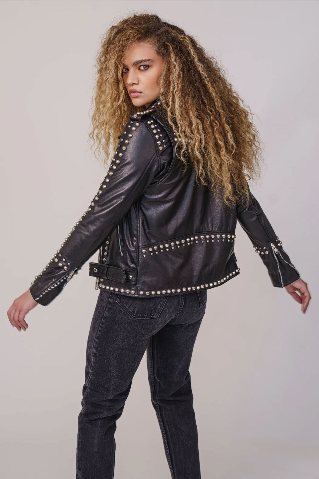 New Black Studded Leather Style Silver Biker jacket For Women - bombersflight