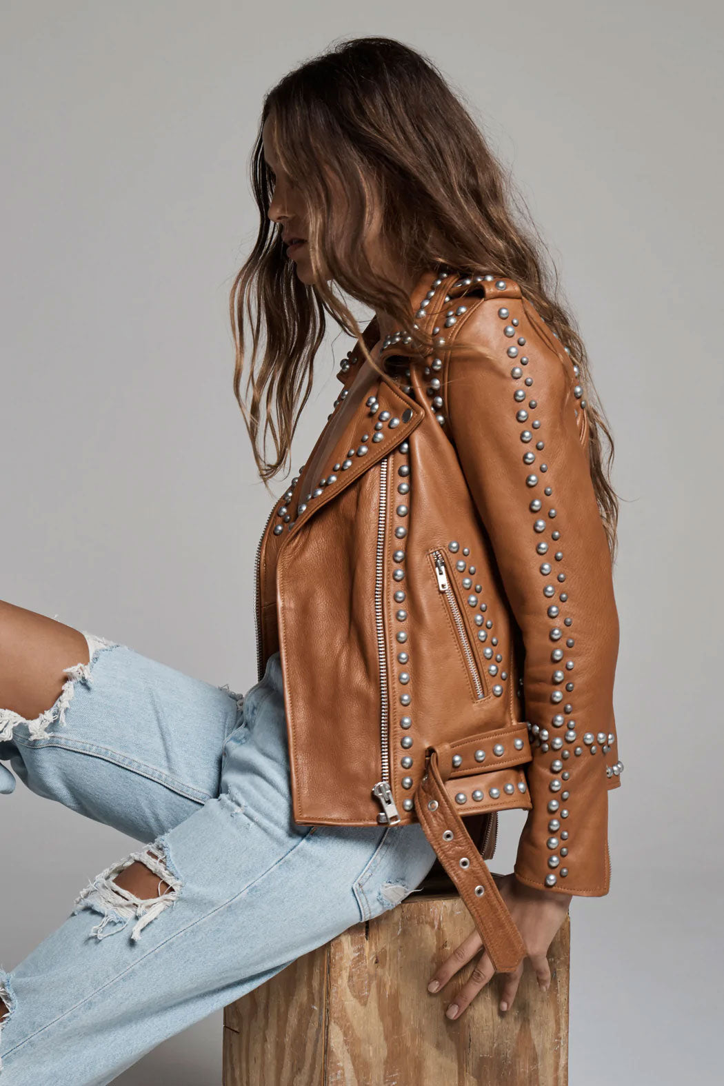 New Women Brown Style Silver Spiked Studded Leather Biker jacket - bombersflight