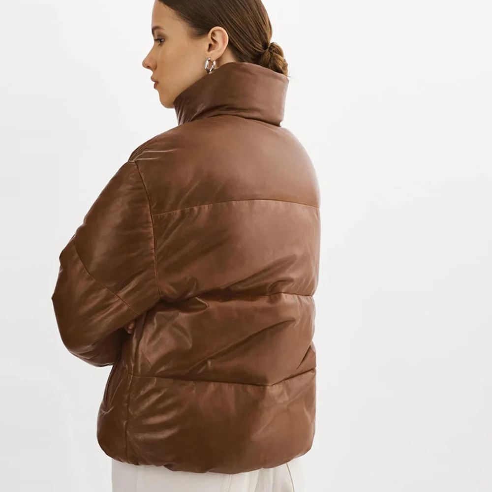 New Sheepskin Brown Women Bubble Leather V-Bomber Puffer Jacket