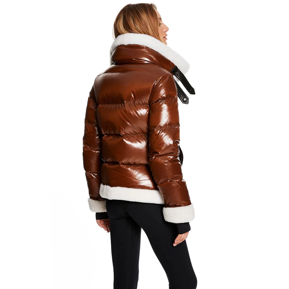 New Women white Fur Bubble Puffer Leather V-Bomber Jacket