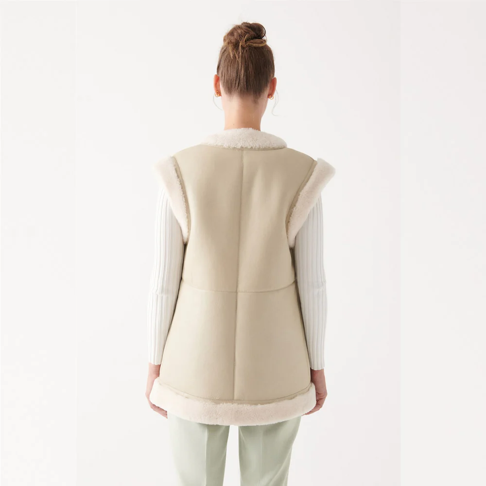 New 2024 Women's Lambskin Shearling Beige Leather Vest - bombersflight