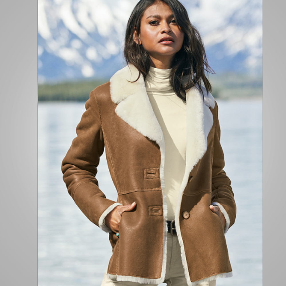 Camel Brown  Sheepskin Pilot Leather Aviator Jacket For Women - bombersflight