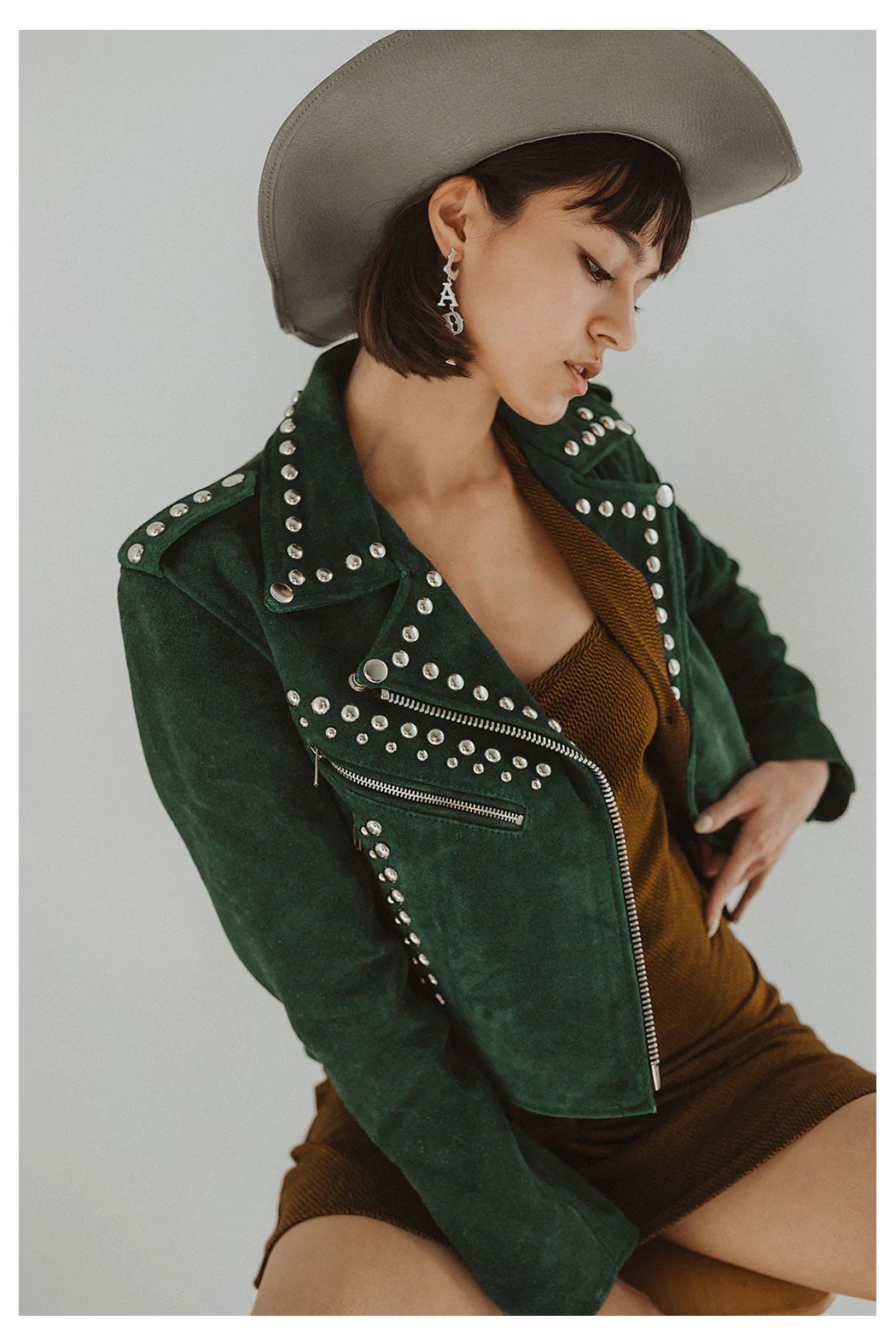 Women Green Studded Style Silver spiked Motorcycle Leather Biker Jacket - bombersflight