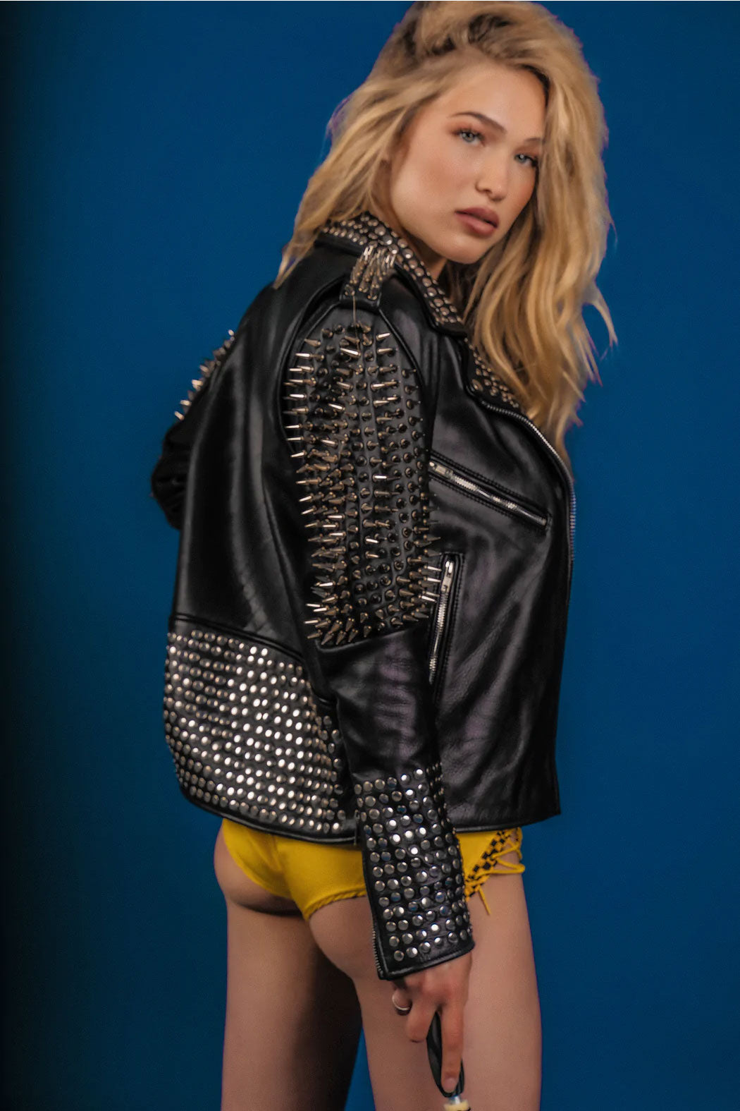 New Silver Long Spiked Studded Women Black Leather Biker Jacket - bombersflight