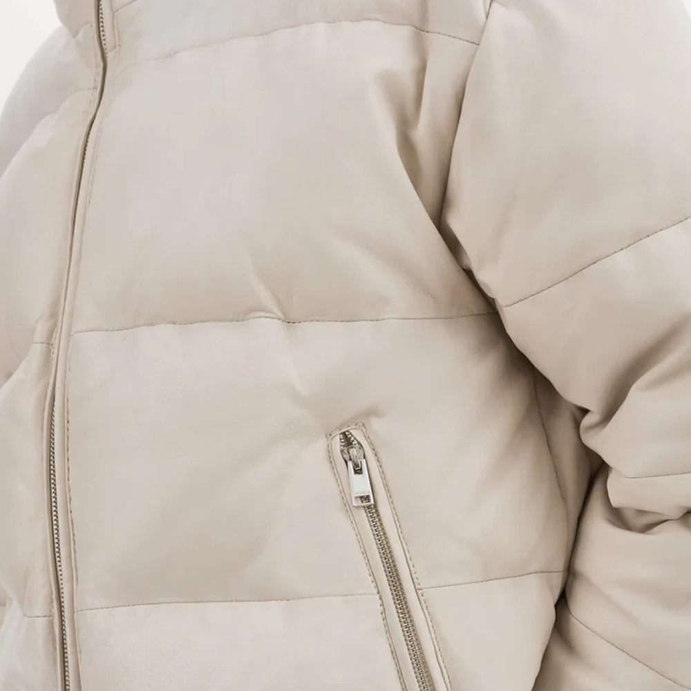 Women Lambskin Bone White Bubble Puffer V-Bomber Leather Jacket