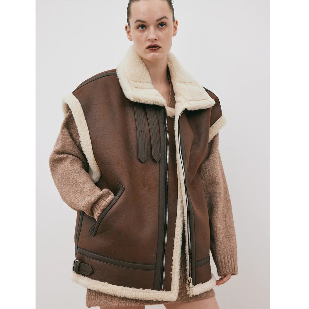 New Women Chocolate Brown Aviator Shearling Leather Vest - bombersflight