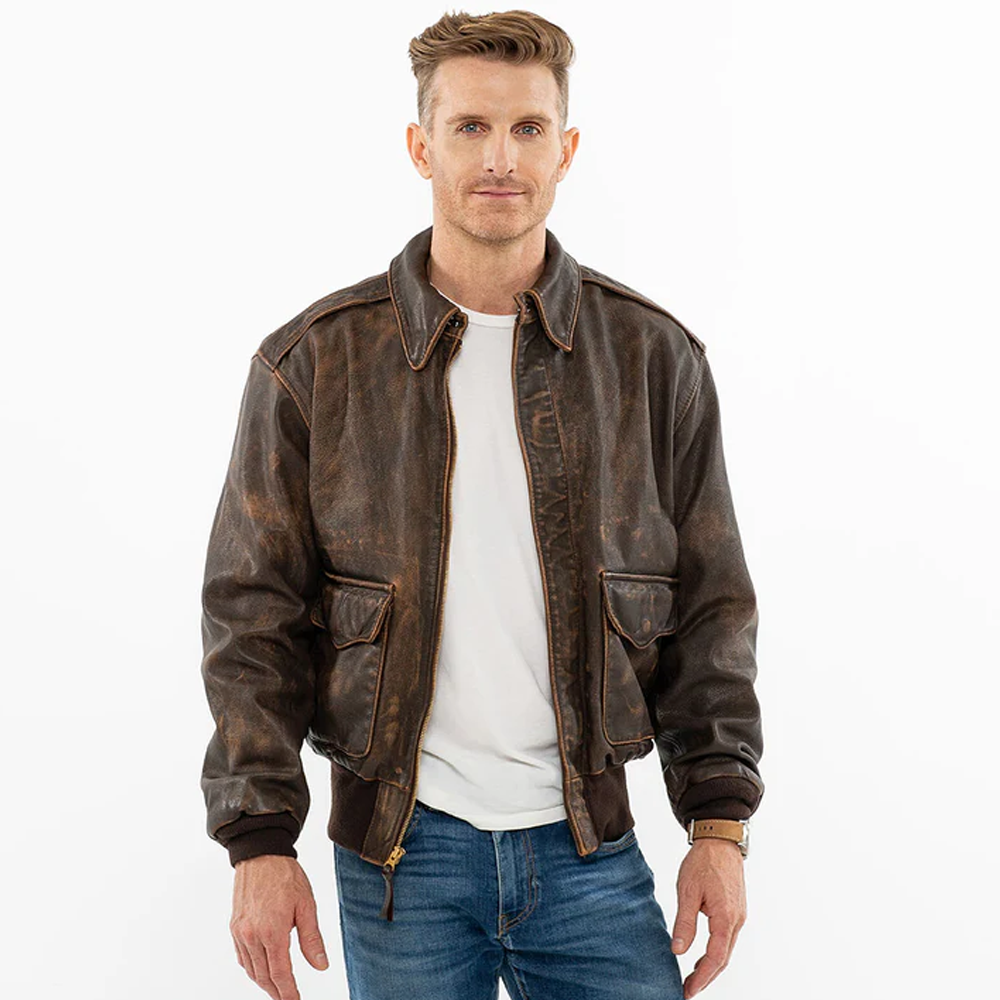 Men Distressed Brown Goatskin Full grain vegetable Leather A2 Bomber Jacket