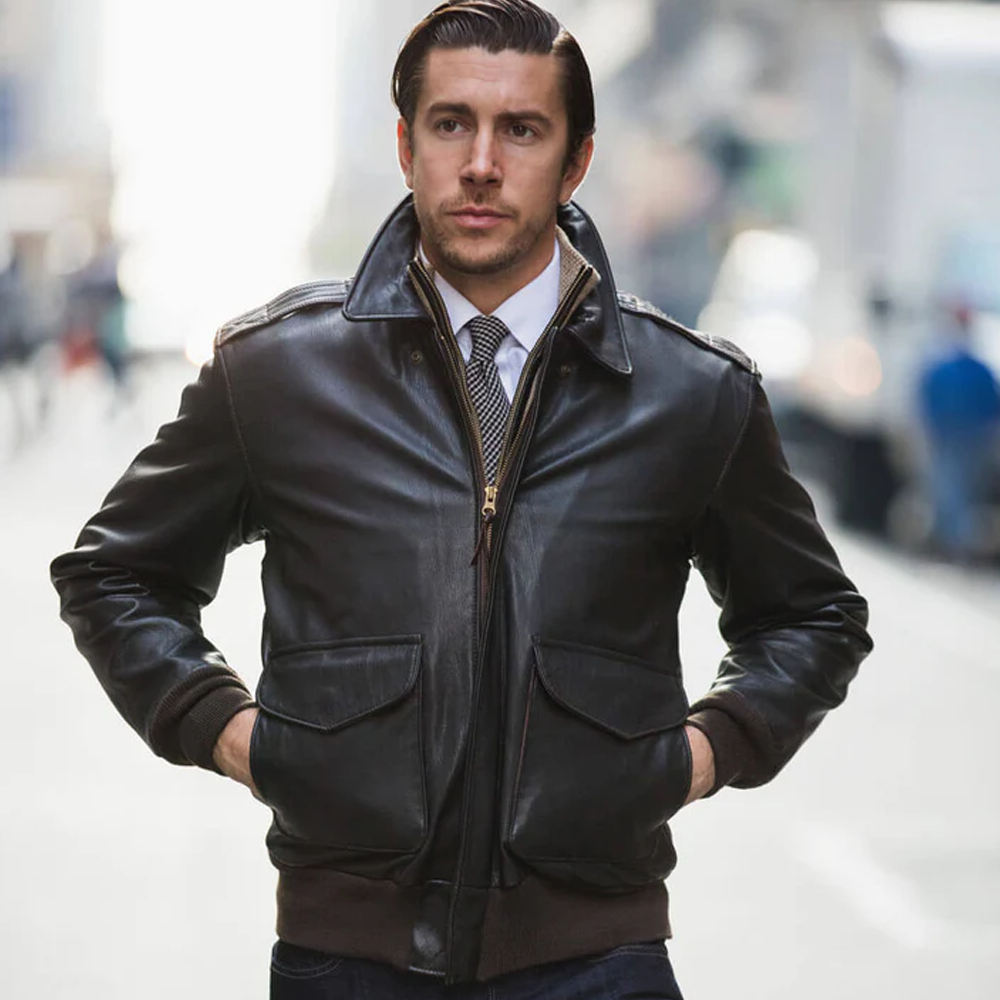 Men Military Spec Goatskin Black Leather Bomber Jacket