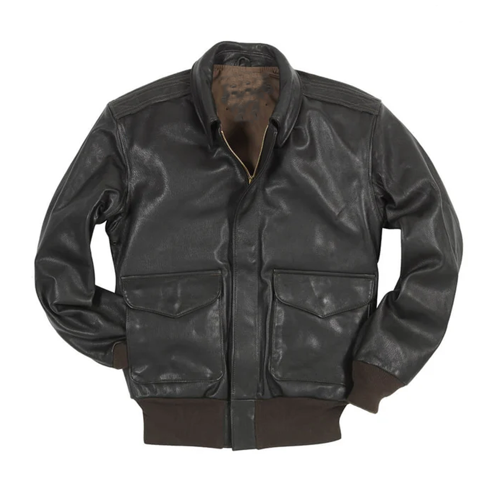 Men Military Spec Goatskin Black Leather Bomber Jacket