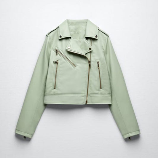 New Green Women Sheepskin Riding Leather Biker Jacket