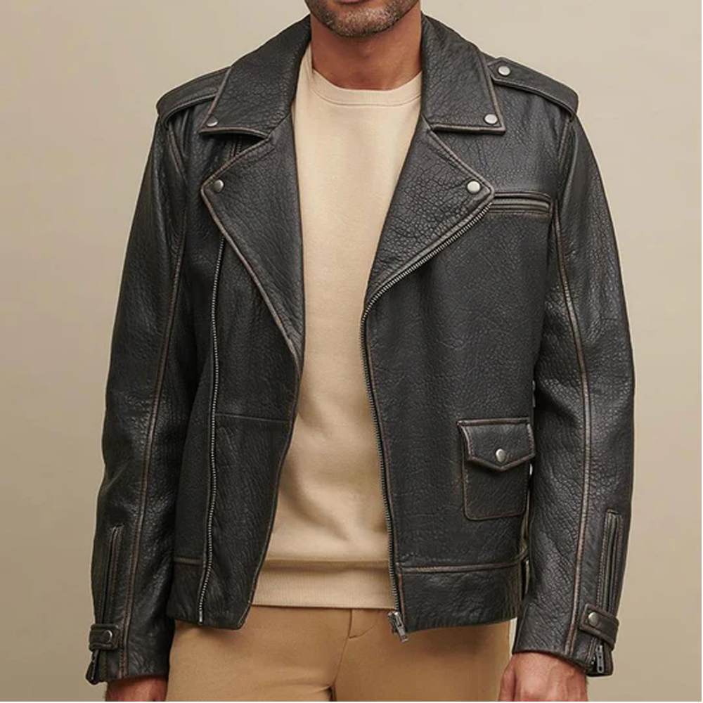 Men's Sheepskin Genuine Leather Motocycle Biker Jacket