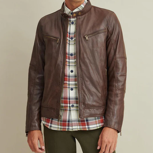 Brown Genuine leather Moto Biker Jacket For Men