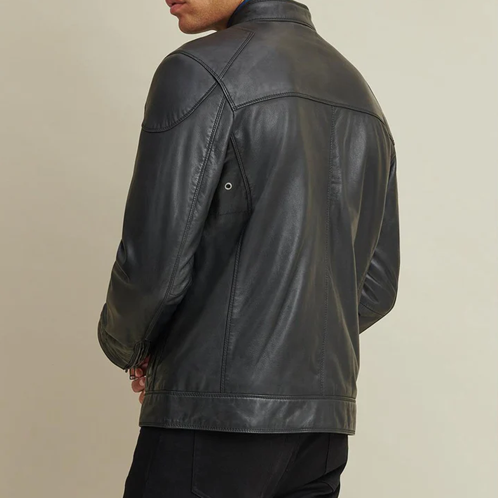 Black Men's Shoulder Patches  Genuine Leather Biker Jacket