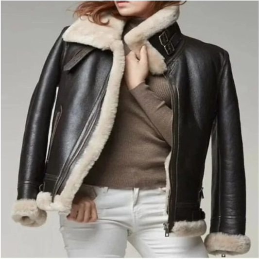 Black Women's Sheepskin Shearling B3 Bomber Leather Jacket