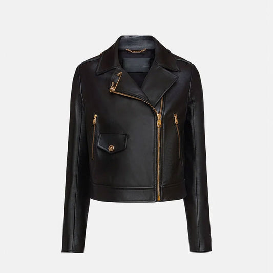 Black Sheepskin Leather Biker Jacket  For Women