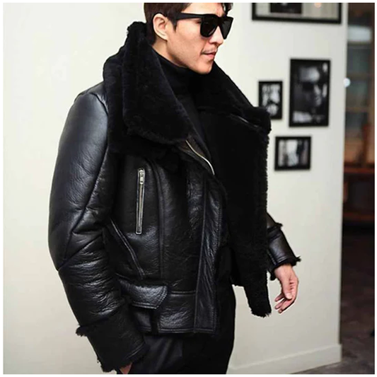 Men B3 Bomber Jacket Winter Wool Fur Shearling  Jacket