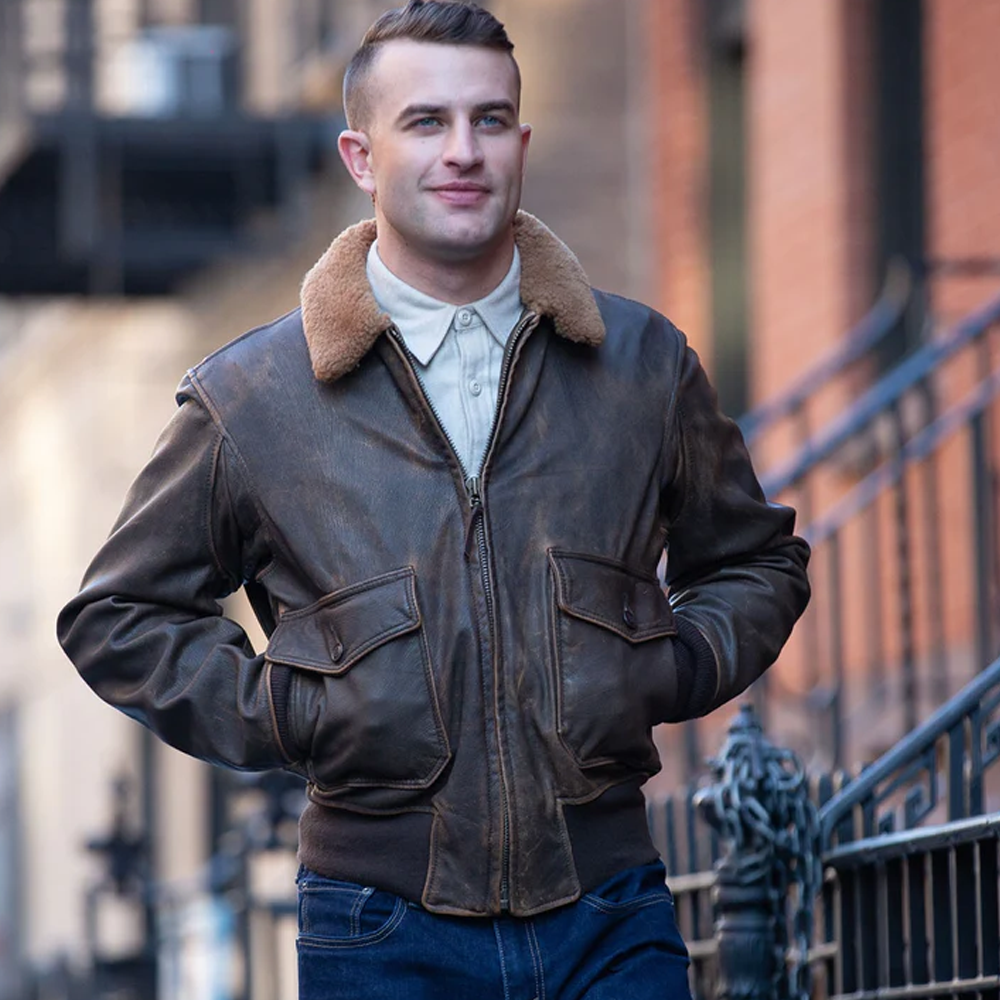 Men Brown Avenger Bomber Distressed Leather Jacket