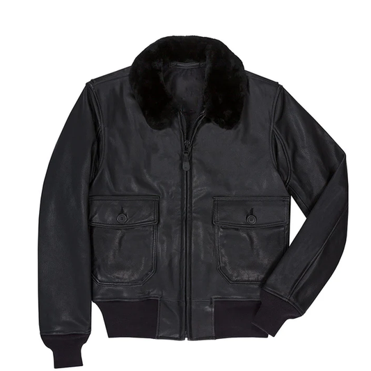 NEW Black Sheepskin Top Gun 2 Fur Collared Leather Bomber Jacket