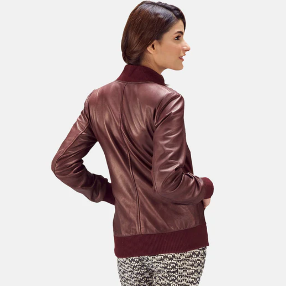 Women Sheepskin Maroon  A1 Bomber Leather Jacket