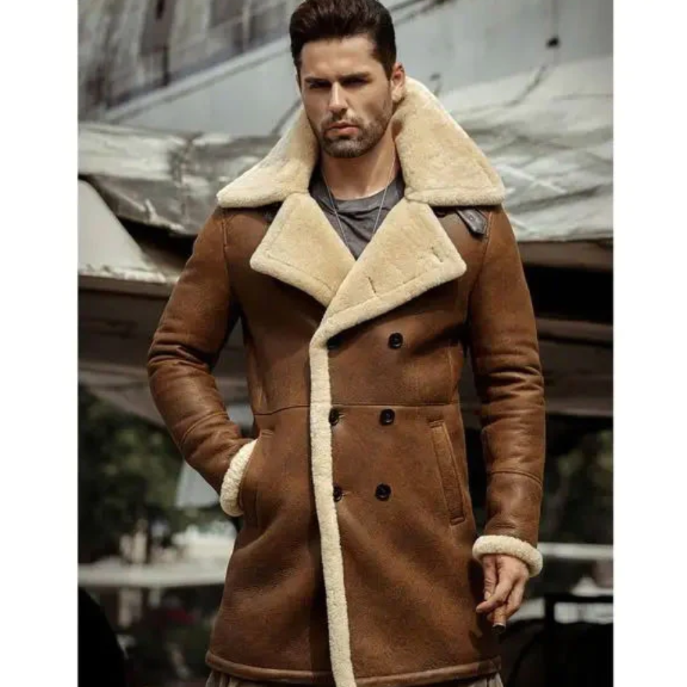 New Mens Flight Sheepskin Shearling Leather Trench Coat - bombersflight