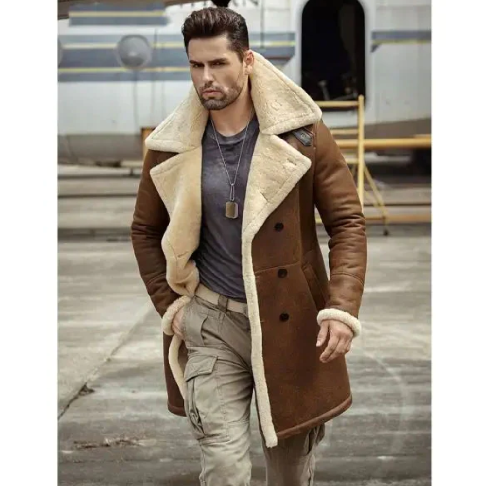 New Mens Flight Sheepskin Shearling Leather Trench Coat - bombersflight