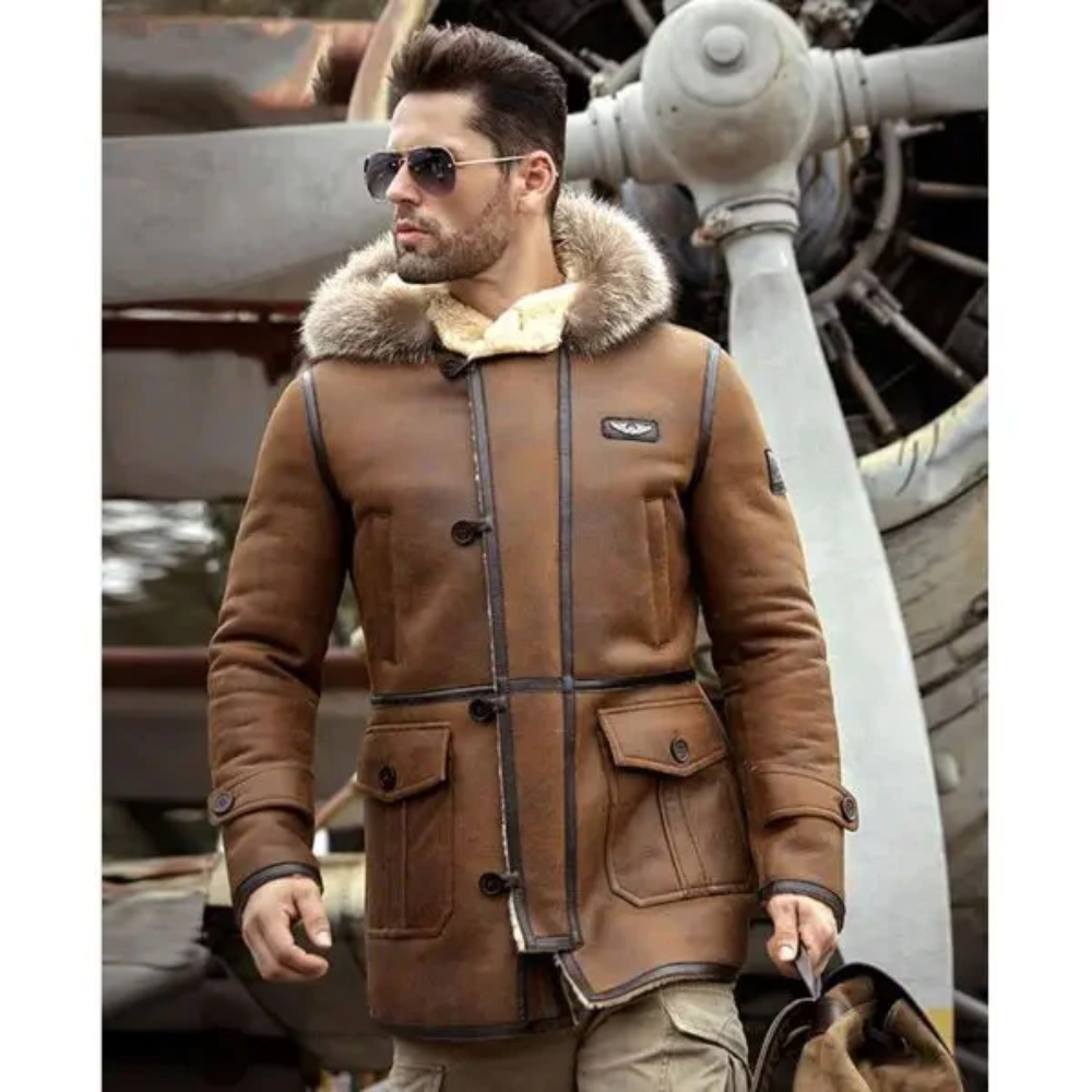 New Men's Bomber Shearling Leather Long Jacket Coat - bombersflight