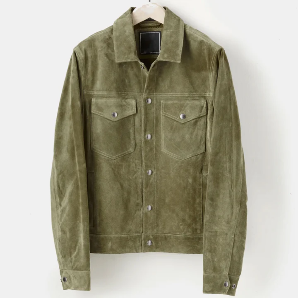 New Men’s Cream Green Suede Leather Shirt Jeans Style Jacket - bombersflight