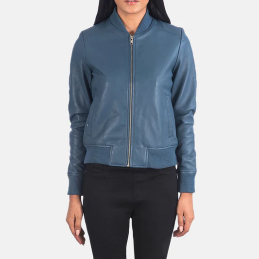 New Sheepskin Blue Bliss Bomber Leather Jacket For Women