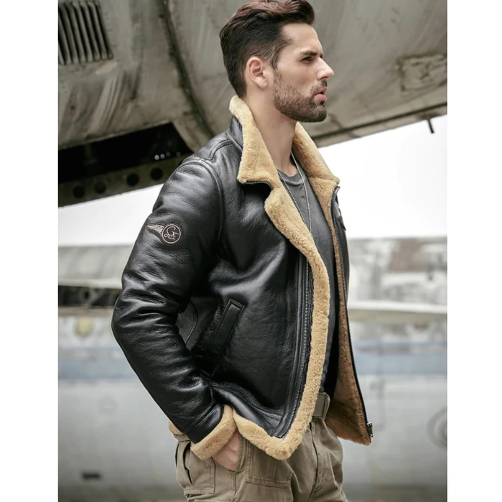 New Men's Black Airforce Sheepskin Shearling Leather Jacket - bombersflight