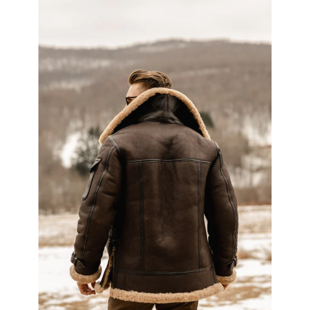 New Men's Brown Shearling Leather Long Jacket Coat - bombersflight