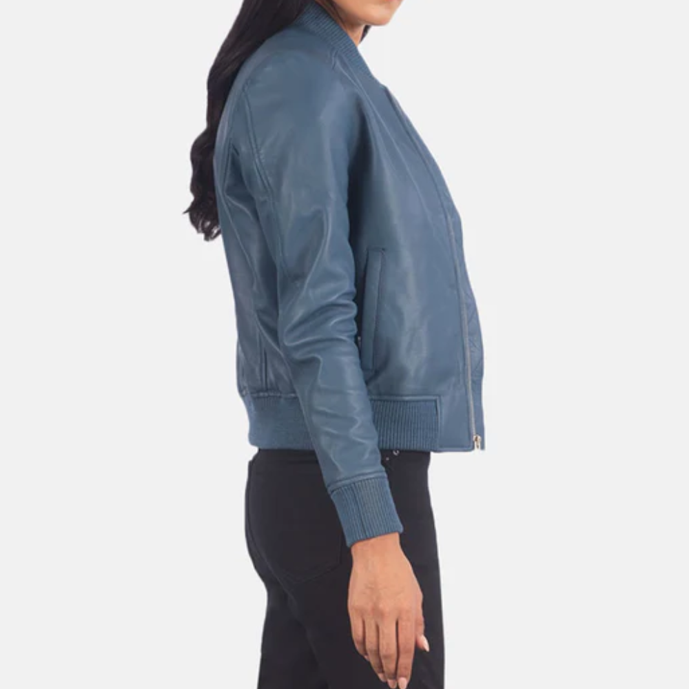 New Sheepskin Blue Bliss Bomber Leather Jacket For Women